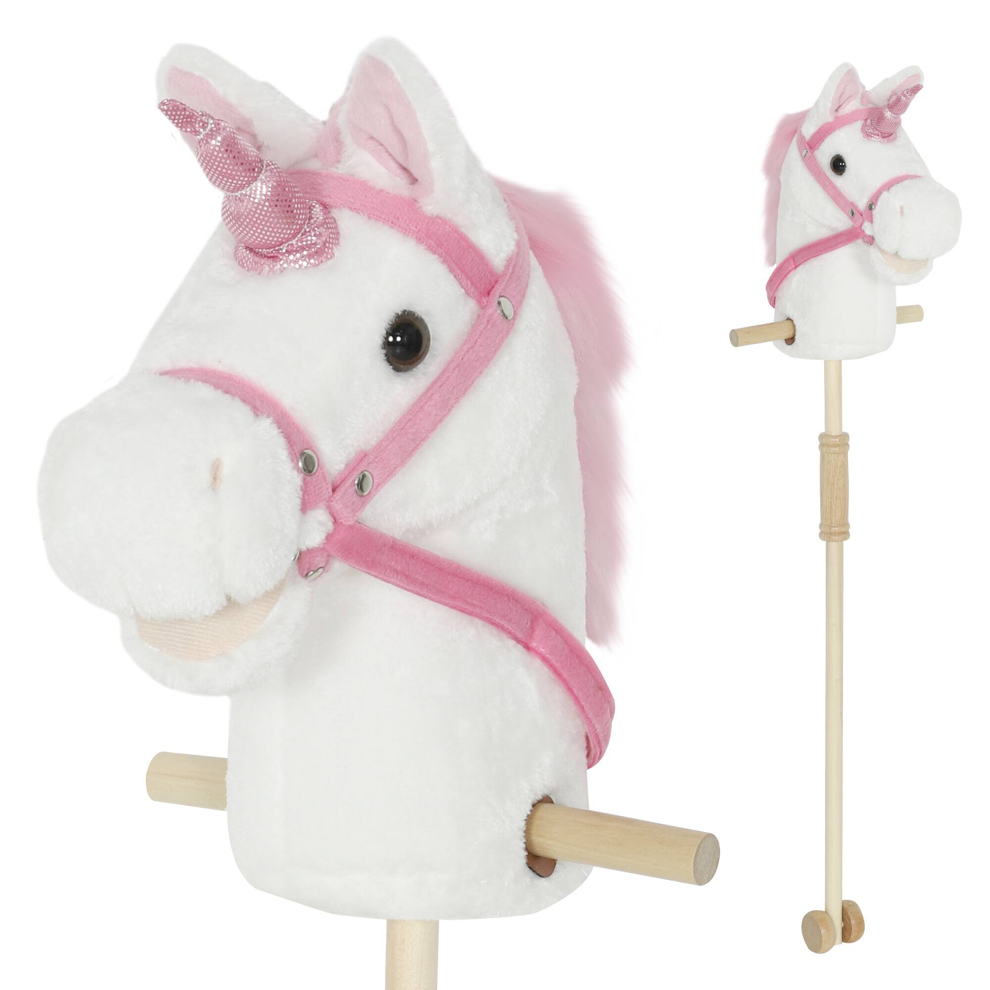 Front. Qaba - Horse, Plush Handcrafted Hobby Horse with Wood Wheels - White.