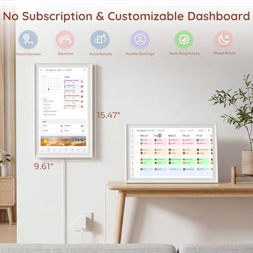 No Subscription & Customizable Dashboard  
Touch Screen  
Weather  
Auto Rotate  
Profile Settings  
Auto Brightness  
Sleep Mode  

15.47"  
9.61"