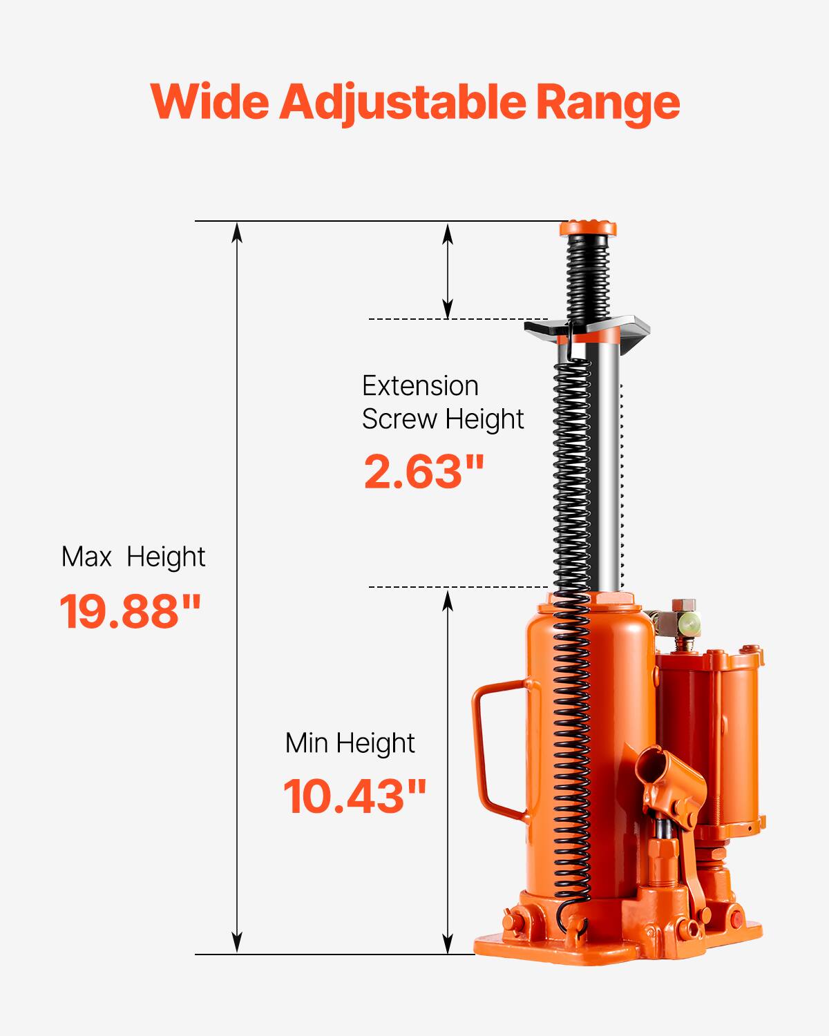Wide Adjustable Range  
Extension Screw Height 2.63"  
Max Height 19.88"  
Min Height 10.43"