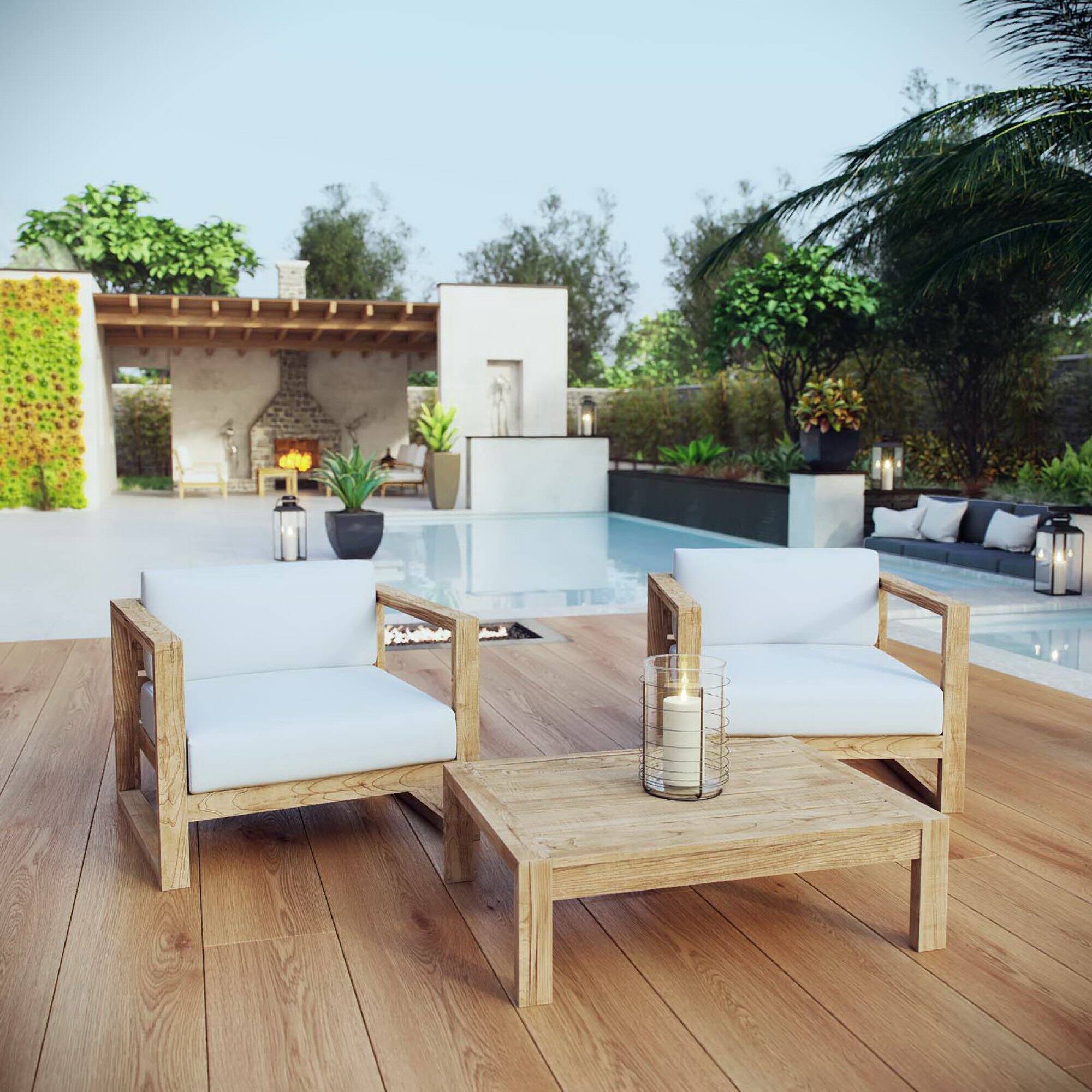 Alt View 4. Modway - Upland 3-Piece Outdoor Teak Patio Set with All-Weather Cushions - Natural White.