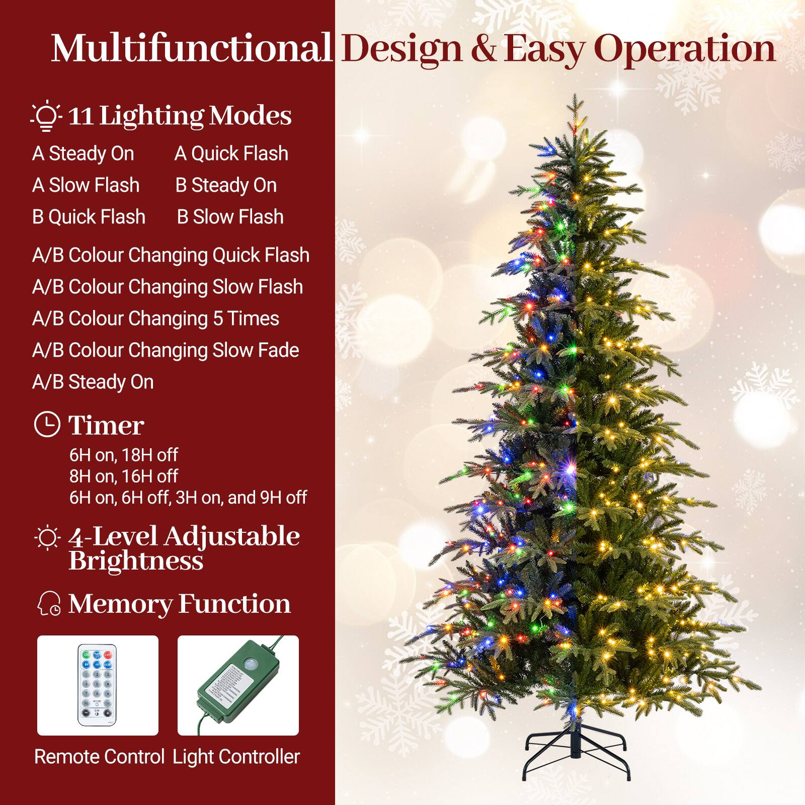 Multifunctional Design & Easy Operation

- 11 Lighting Modes
  - A Steady On
  - A Quick Flash
  - A Slow Flash
  - B Steady On
  - B Quick Flash
  - B Slow Flash
  - A/B Colour Changing Quick Flash
  - A/B Colour Changing Slow Flash
  - A/B Colour Changing 5 Times
  - A/B Colour Changing Slow Fade
  - A/B Steady On

- Timer
  - 6H on, 18H off
  - 8H on, 16H off
  - 6H on, 6H off, 3H on, and 9H off

- 4-Level Adjustable Brightness
- Memory Function

Remote Control Light Controller