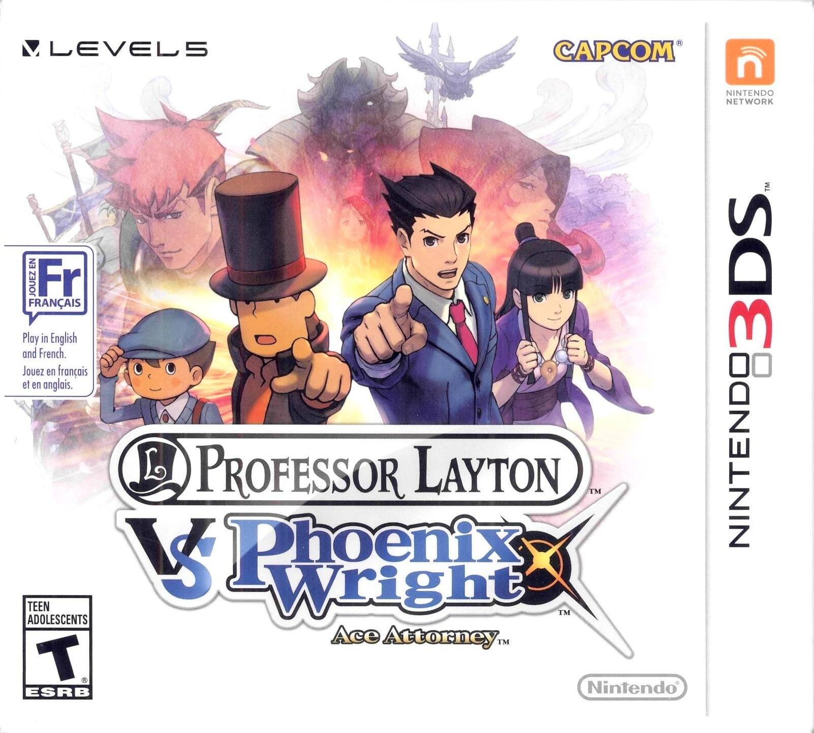 **LEVELS**

**CAPCOM**

**NINTENDO NETWORK**

**NINTENDO 3DS**

**PROFESSOR LAYTON vs PHOENIX WRIGHT Ace Attorney**

**Jouez en français et en anglais.**  
**Play in English and French.**

**TEEN ADOLESCENTS**  
**ESRB T**

**Nintendo**