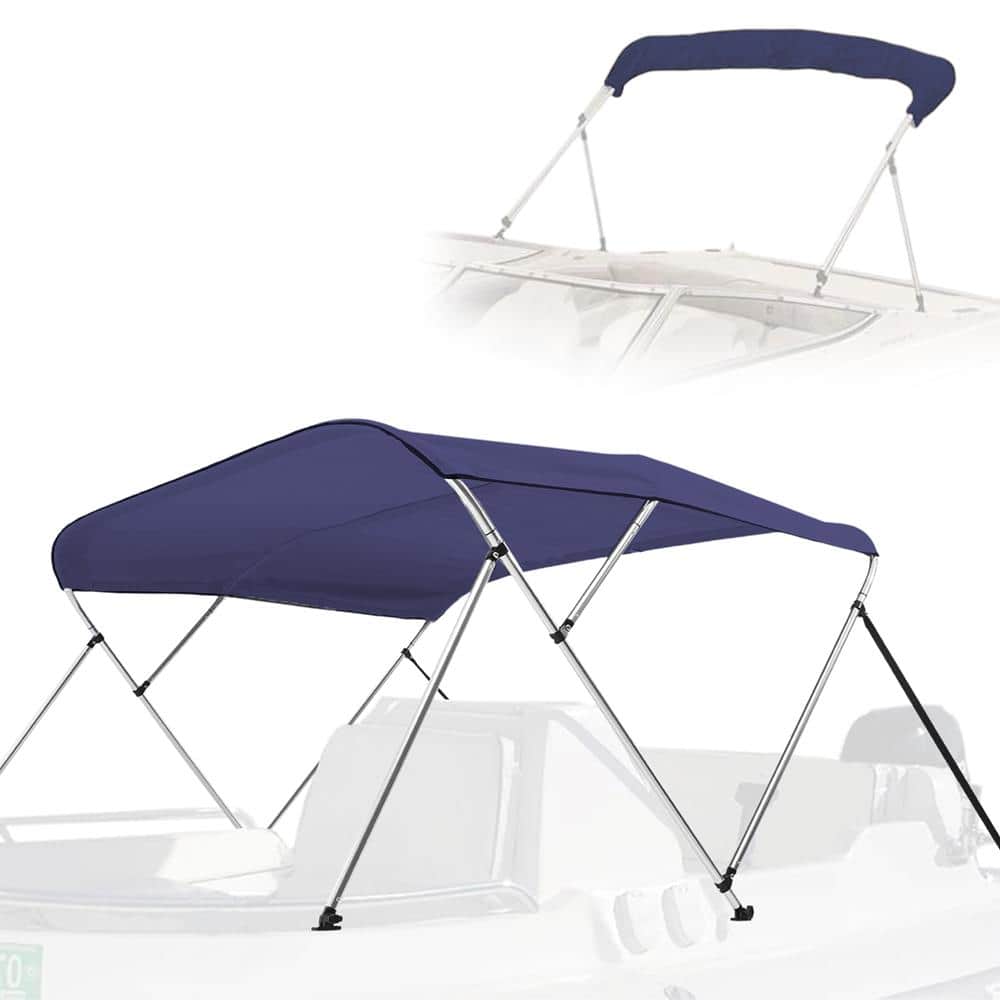 SereneLife - 4-Bow Bimini Top Boat Cover with 1" Aluminum Frame, Front Hold-Down Straps, Rear Support Arms - Blue