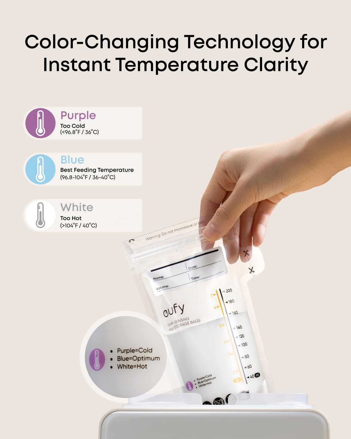 Color-Changing Technology for Instant Temperature Clarity

Purple: Too Cold (<96.8°F / 36°C)  
Blue: Best Feeding Temperature (96.8-104°F / 36-40°C)  
White: Too Hot (>104°F / 40°C)

Do Not Microwave

Warning: Do not microwave or boil

Date:  
Name:  
Time:  
Volume:  

SENSING TEMP BAGS  
STORAGE BAGS  

Purple=Cold  
Blue=Optimum  
White=Hot  

200  
180  
160  
140  
120  
100  
80  
60  
40  
20  
0  

ml