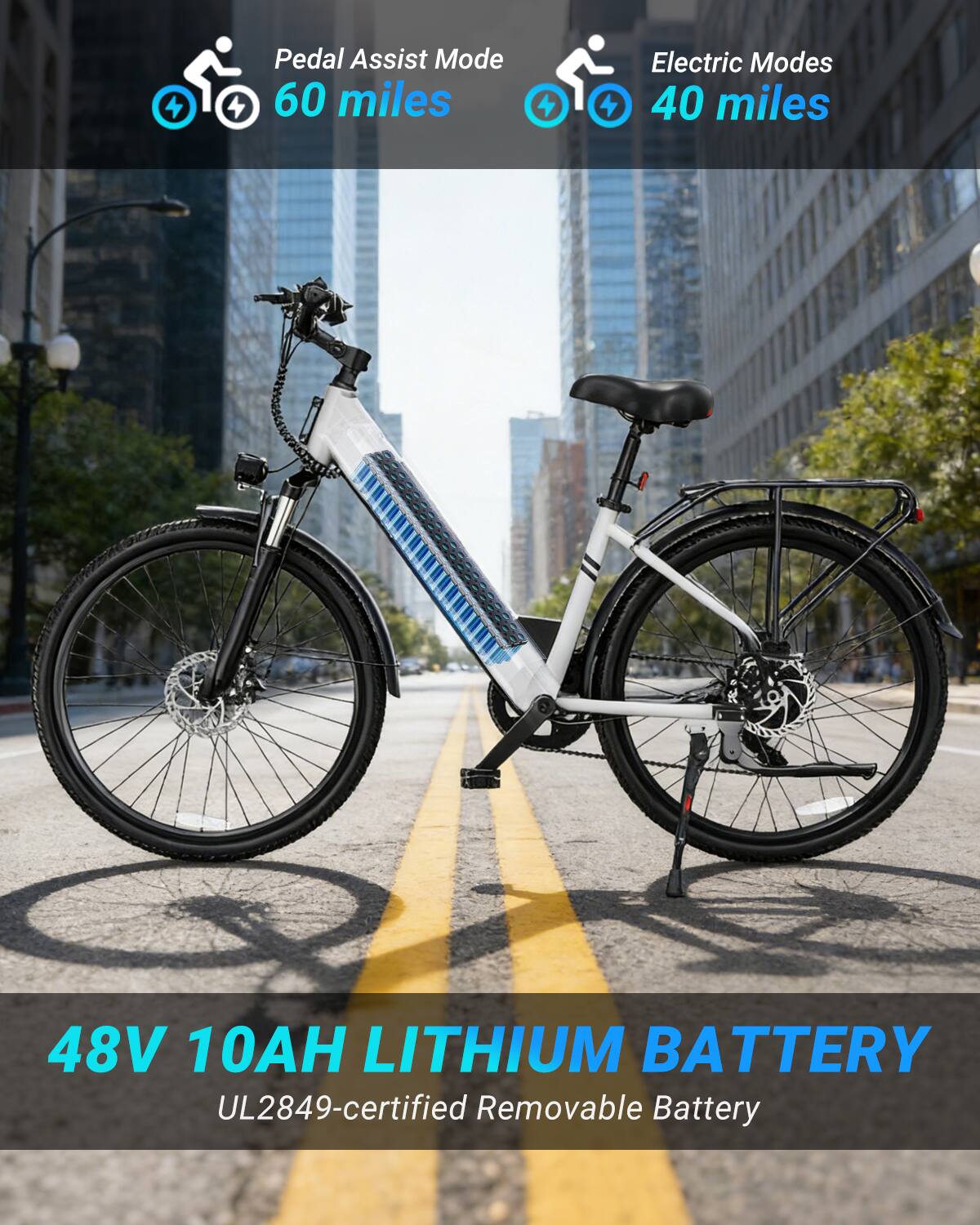 Pedal Assist Mode  
60 miles  

Electric Modes  
40 miles  

48V 10AH LITHIUM BATTERY  
UL2849-certified Removable Battery