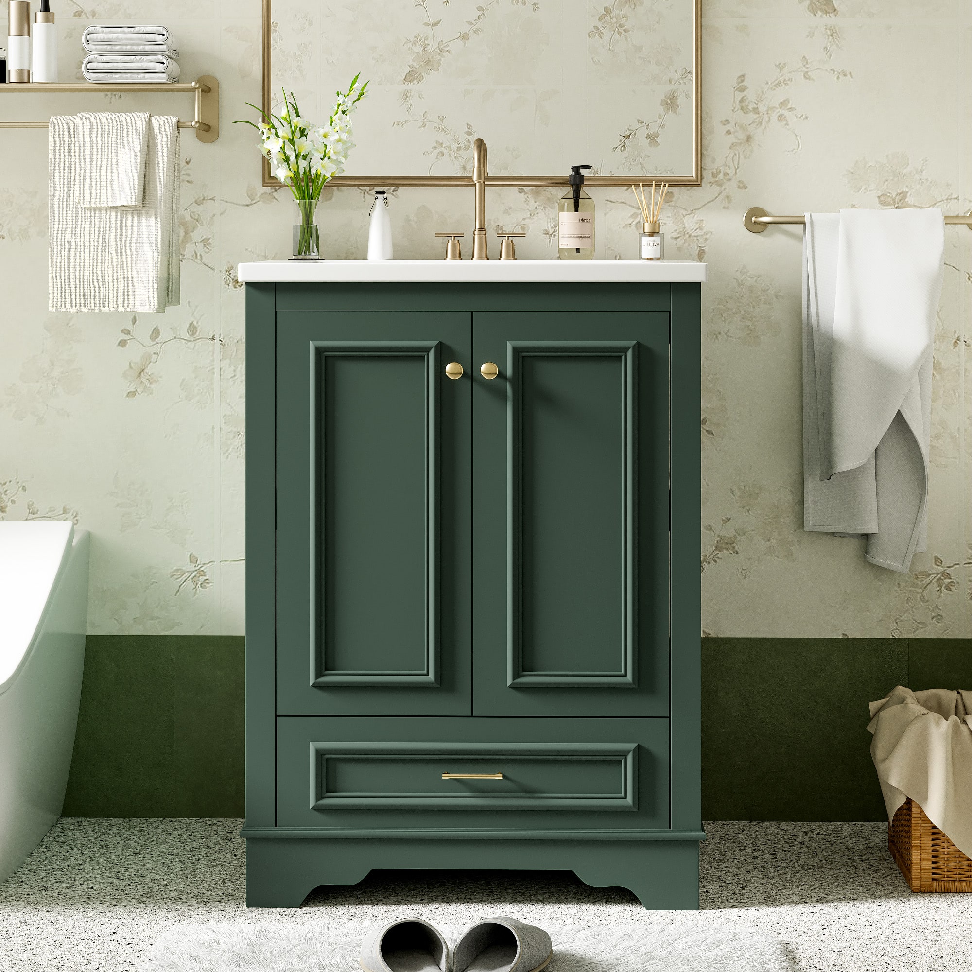 Tiramisubest - 24" Bathroom Vanity with Ceramic Sink Combo, Modern Storage Cabinet with Silver Handles, Soft Closing Doors - Green