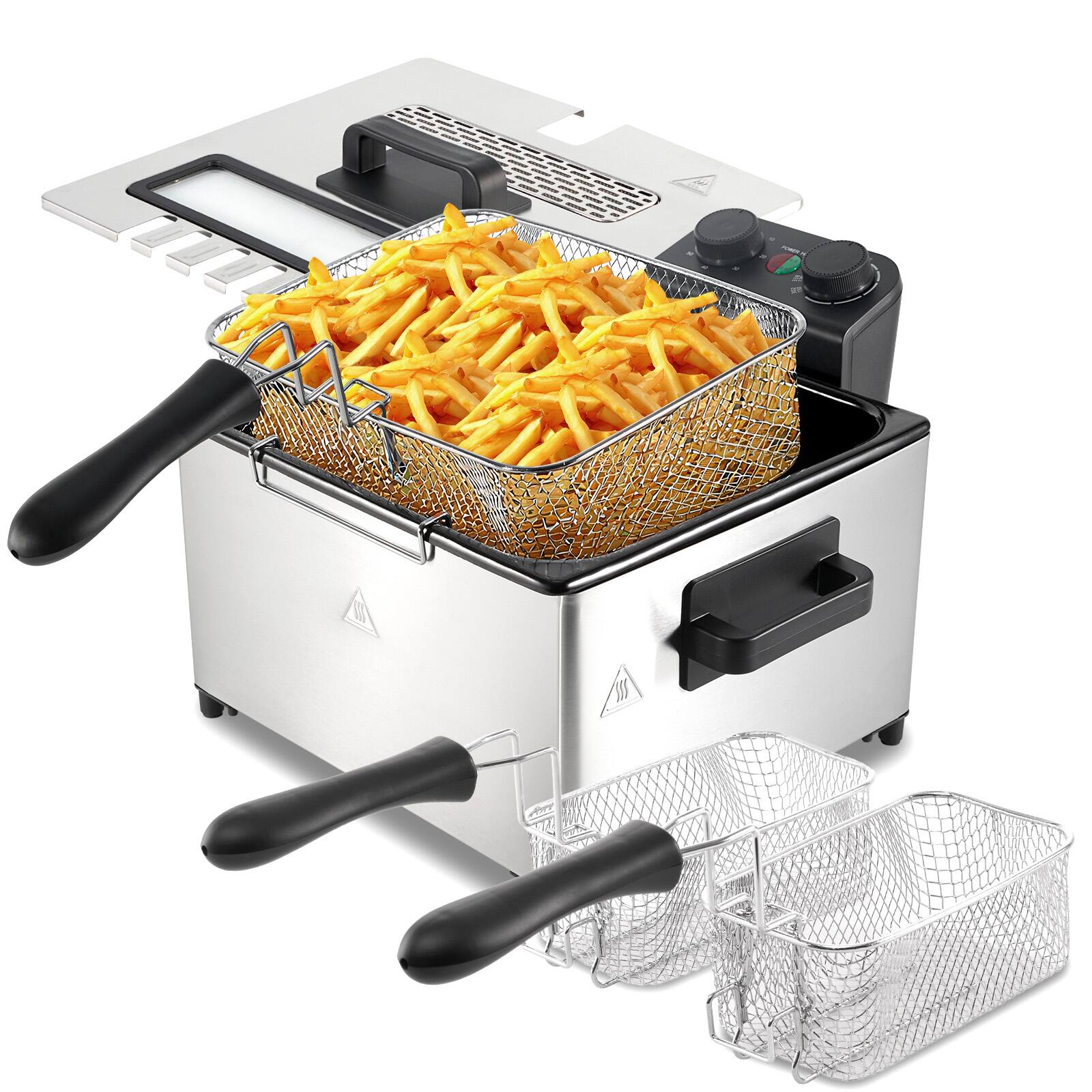 Front. Tiramisubest - 5L Deep Fryer with 3 Baskets,Electric Deep Fryer with Time & Temperature Control,Lid with View Window & Odor Free Filter - Silver.