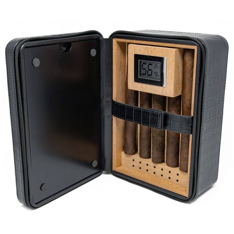 Alt View 4. Prestige - Manhattan XL Travel Humidor (Black) - Black Crocodile Motif Leather.
