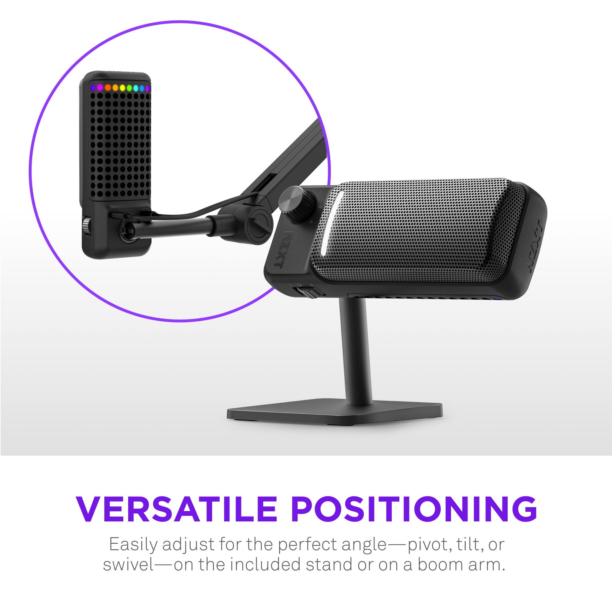 Versatile Positioning: Easily adjust for the perfect angle, pivot, tilt, or swivel on the included stand or on a boom arm.