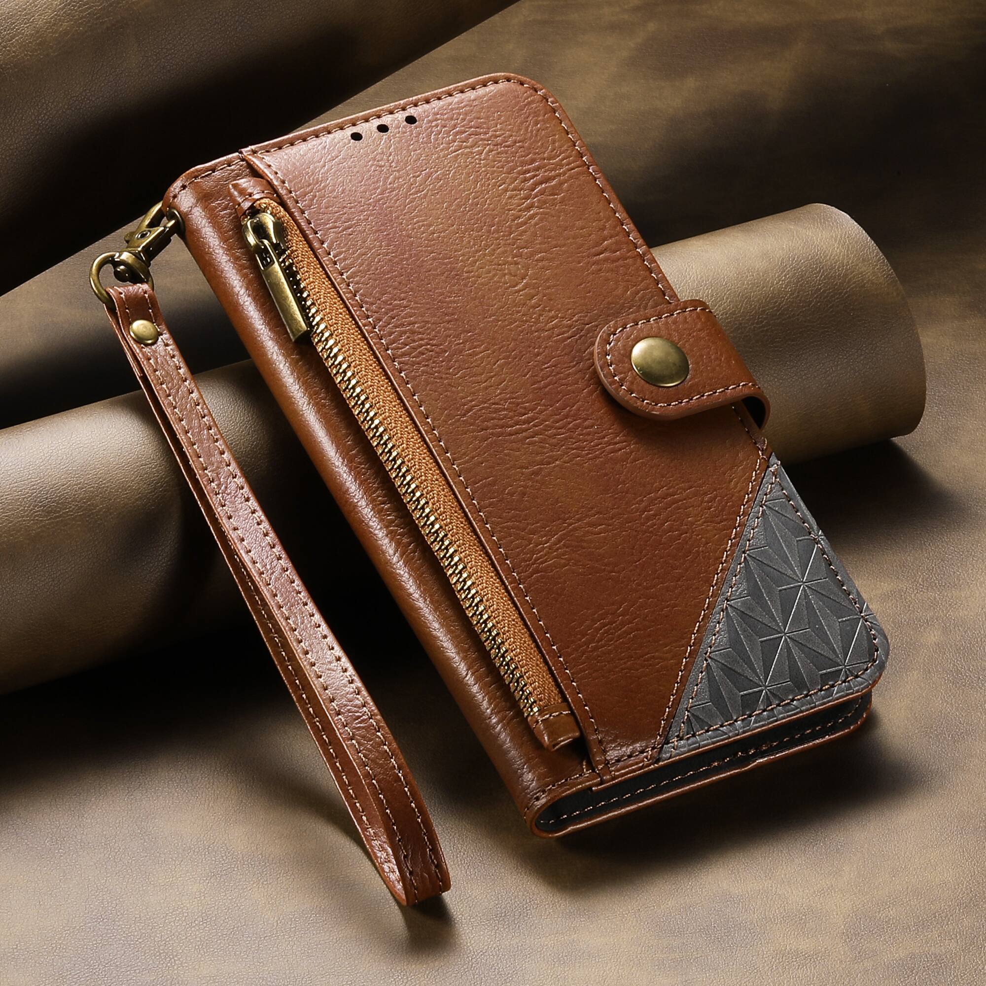 Alt View 4. Dteck - For Apple iPhone 17 Wallet Case Business Shockproof PU Leather Flip Kickstand Zipper Card Pocket Cover+Strap - Brown.