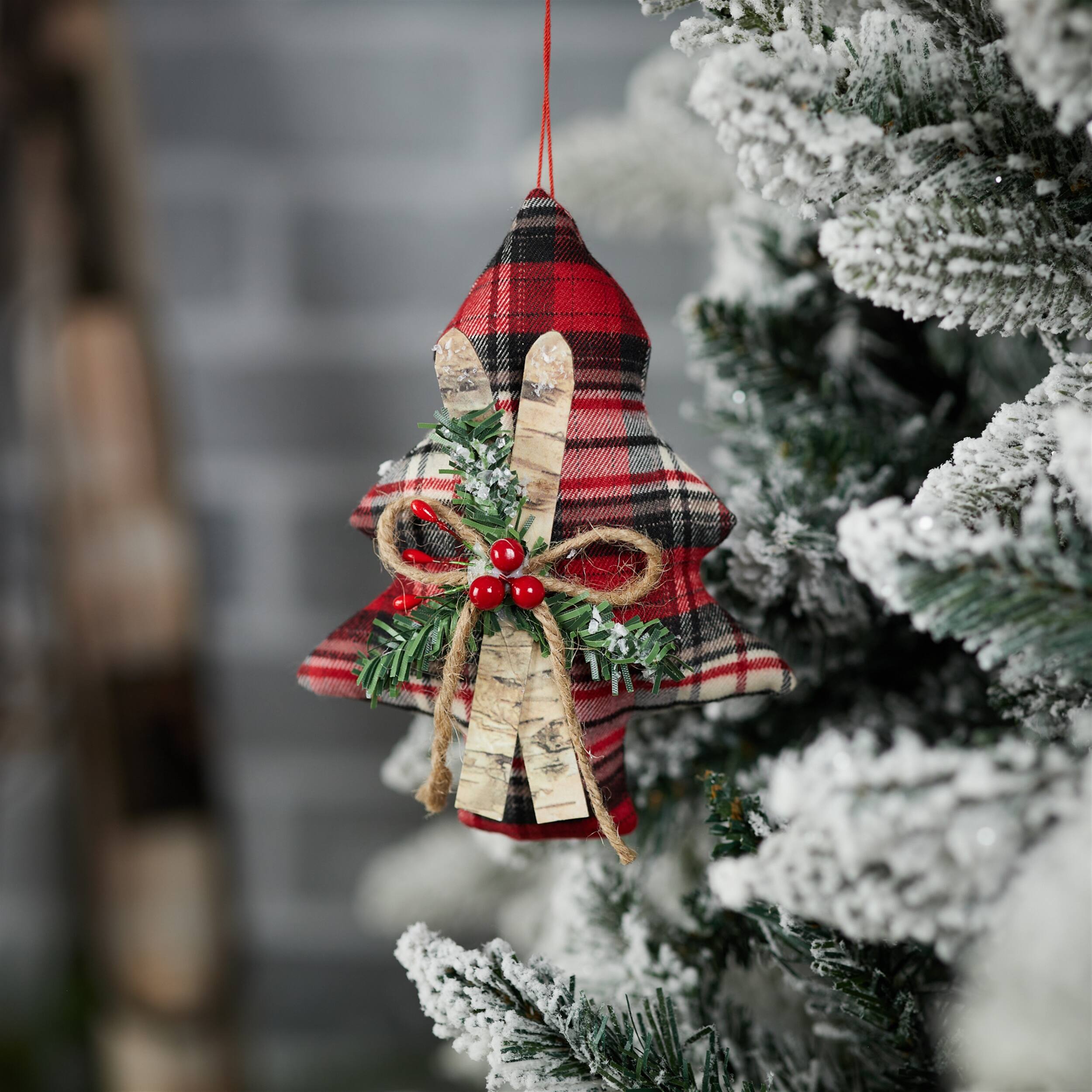 Angle. BreeBe - Tree w/Skis Ornament (Set of 12) - Red, Black, Brown, Green.