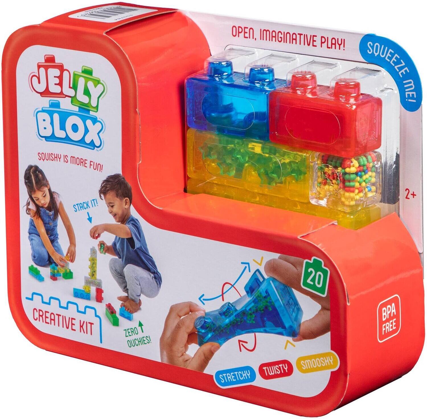 JELLY BLOX SQUISHY IS MORE FUN!  
OPEN, IMAGINATIVE PLAY! SQUEEZE ME!  
STACK IT!  
2+  
CREATIVE KIT  
ZERO OUCHIES!  
20 SMOOSHY TWISTY STRETCHY  
BPA FREE