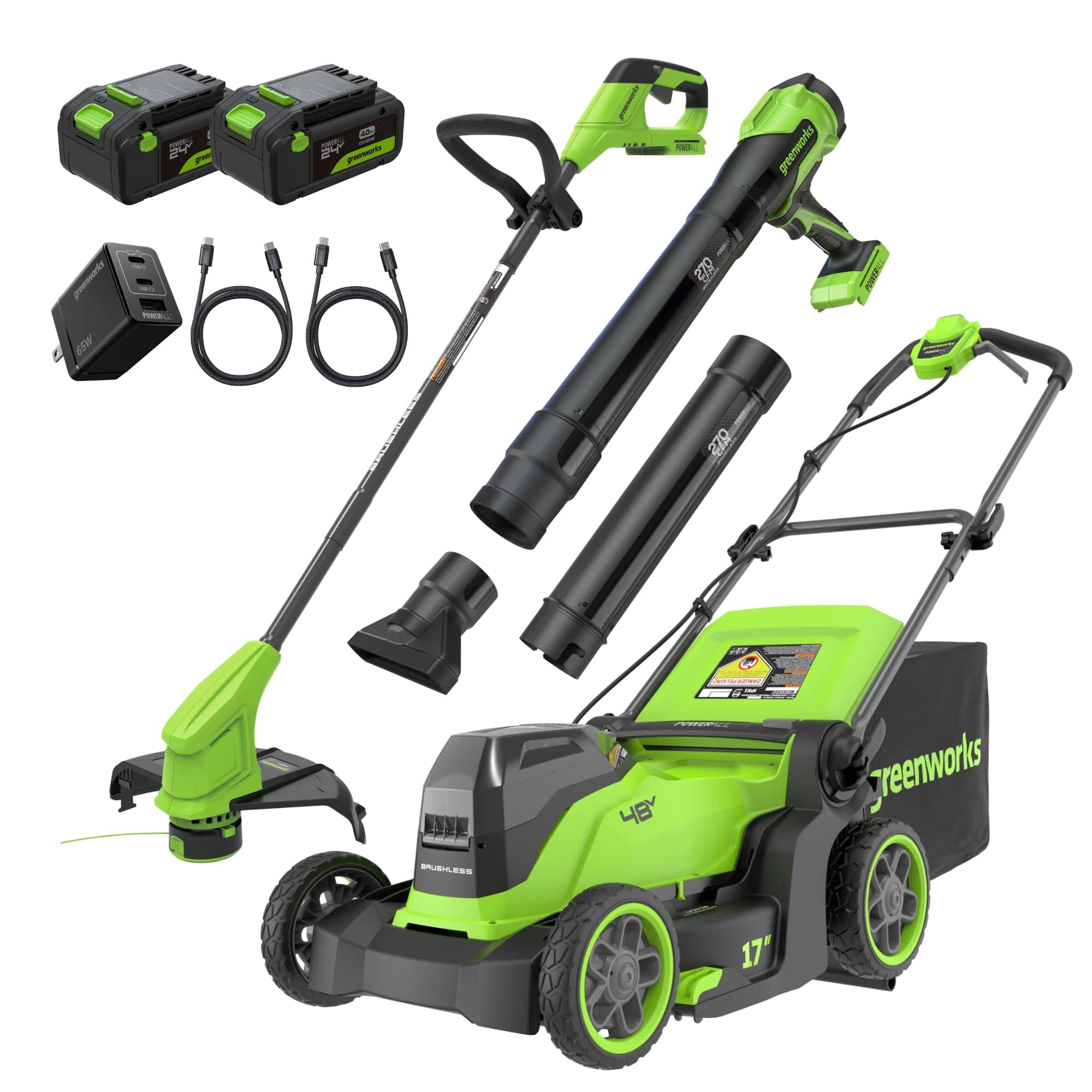 Greenworks - 48V (24V x 2) 17" Push Mower + Blower + 12" String Trimmer Combo, (2) 4.0Ah Batteries and Charger - Green