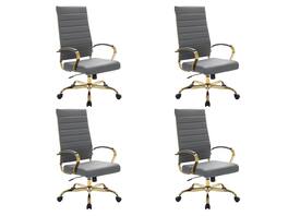 LeisureMod - Set of 4 Benmar High-Back Leather Upholstered Swivel Executive Office Chair with Gold Accents, Adjustable, and Tilt - Gray