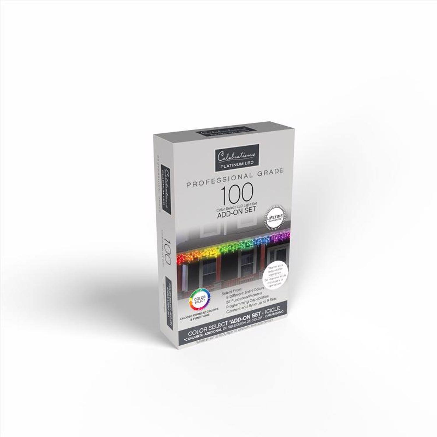 Celebrations PLATINUM LED GRADE PROFESSIONAL 100 ADD-ON SET Color Select 100 Pom Solas Colores Select Different Patterns COLOR 9 Functions Capabilities - Programming and Sync FROM M COLOME Connect SET ICICLE CHOORE. ADD-ON COLOR DE SELECT DE SELECCION COLOR ADICIONAL "CONJUNTO