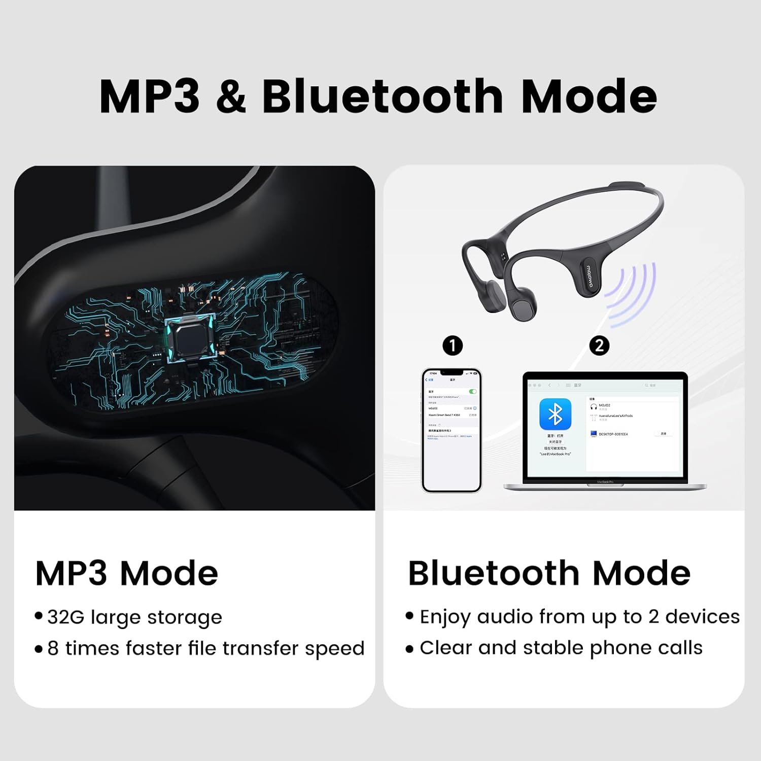 MP3 & Bluetooth Mode

MP3 Mode
- 32G large storage
- 8 times faster file transfer speed

Bluetooth Mode
- Enjoy audio from up to 2 devices
- Clear and stable phone calls