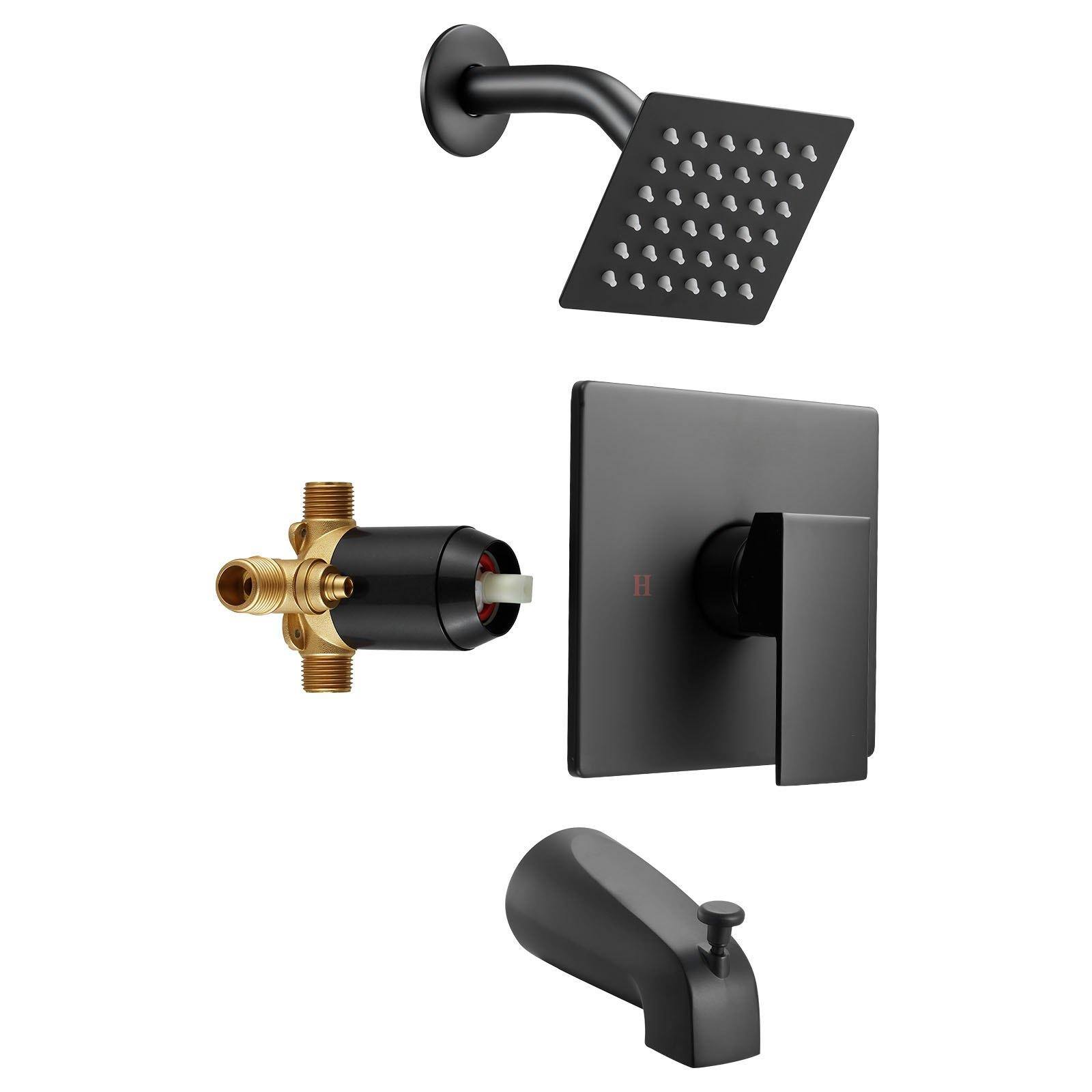 Alt View 9. Glintex - Tub and Shower Faucet Set, 4 in Rain Shower Head with Tub Spout, Single Spray, Single Handle with Stainless Valve - Matte Black.