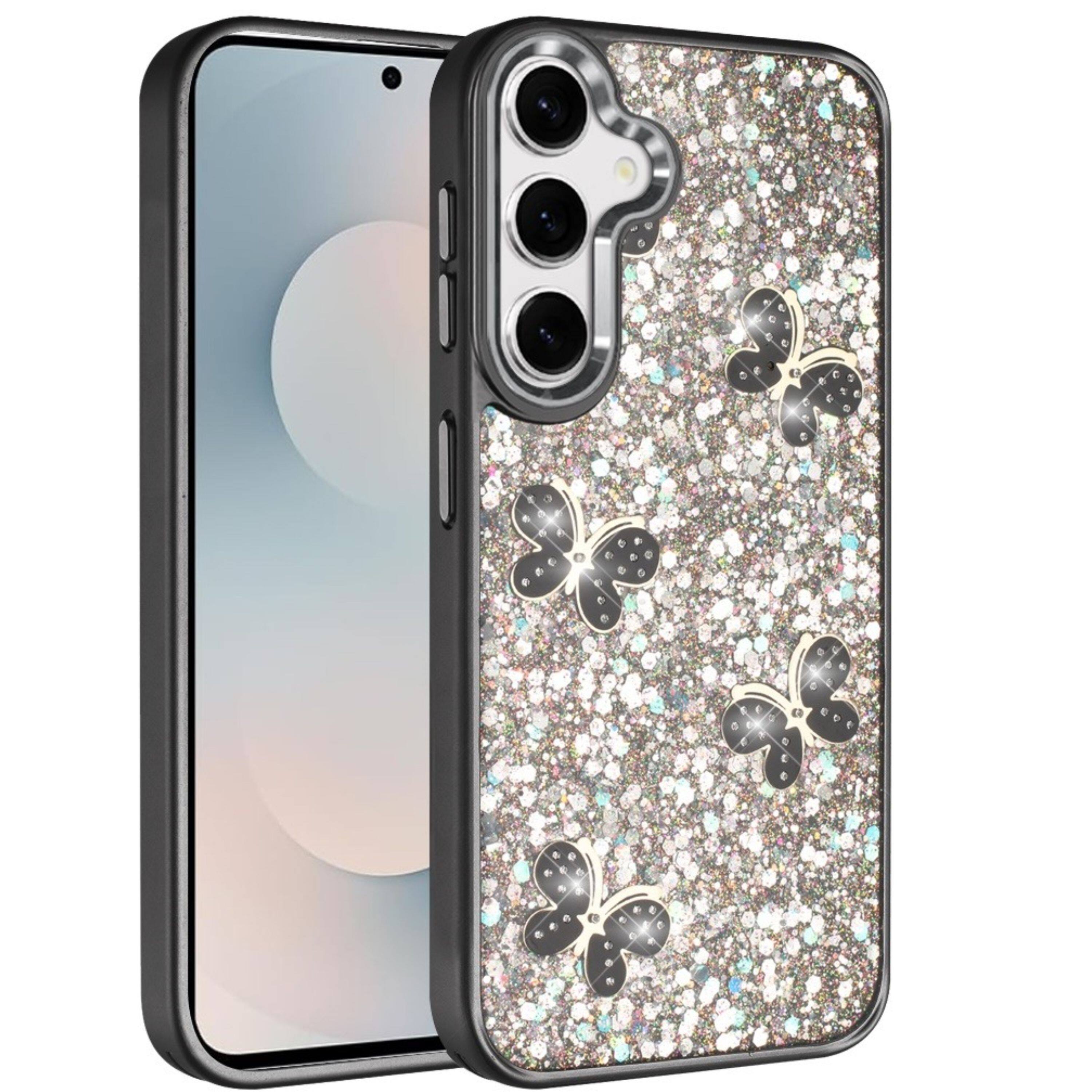 Angle. Kitcheniva - Full Glitter Flakes With Cute Butterflies Plus Tempered Glass For Samsung S25 FE Black - Black.
