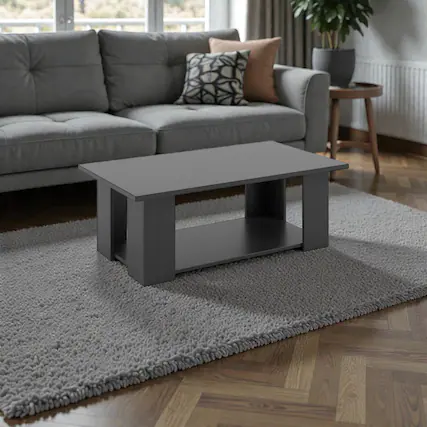 Front. Hivvago - Large Rectangular Coffee Table with Two-Tier Wooden Design and Storage Space - Black.