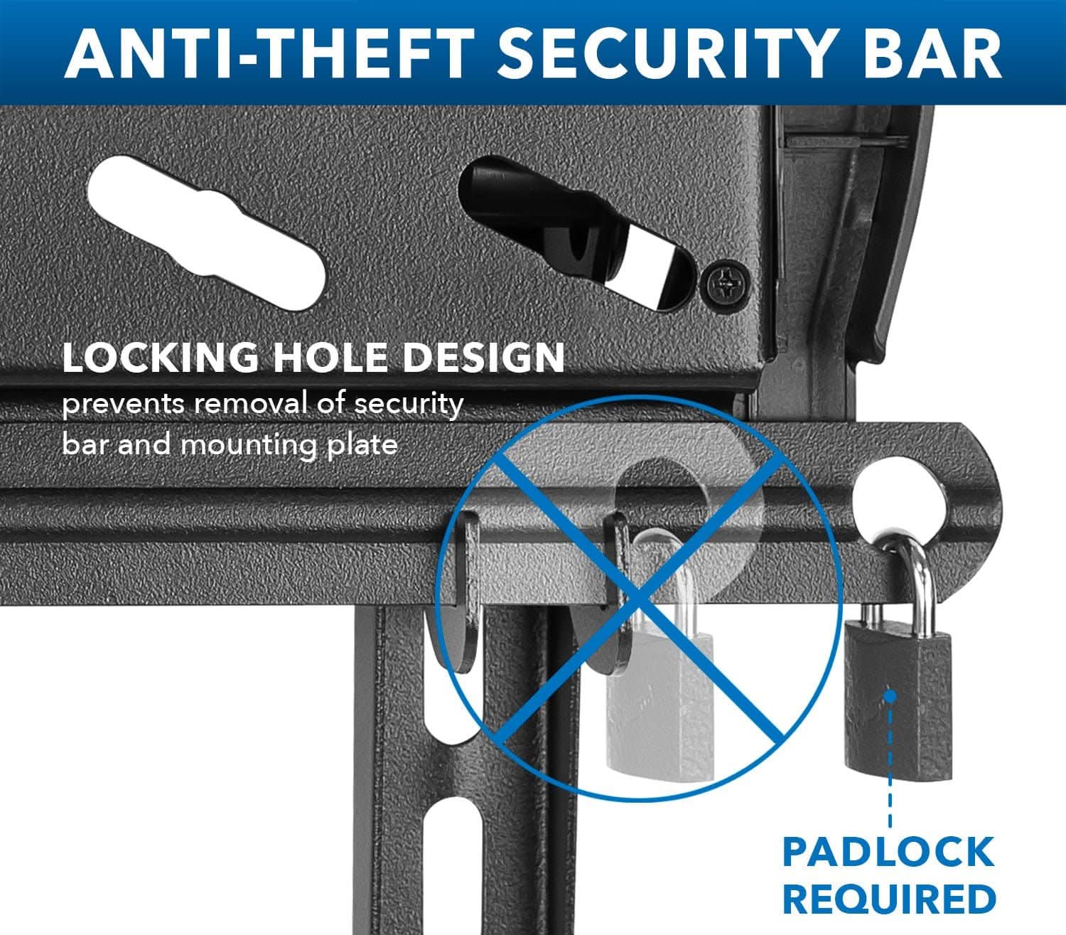 ANTI-THEFT SECURITY BAR

LOCKING HOLE DESIGN
prevents removal of security bar and mounting plate

PADLOCK REQUIRED