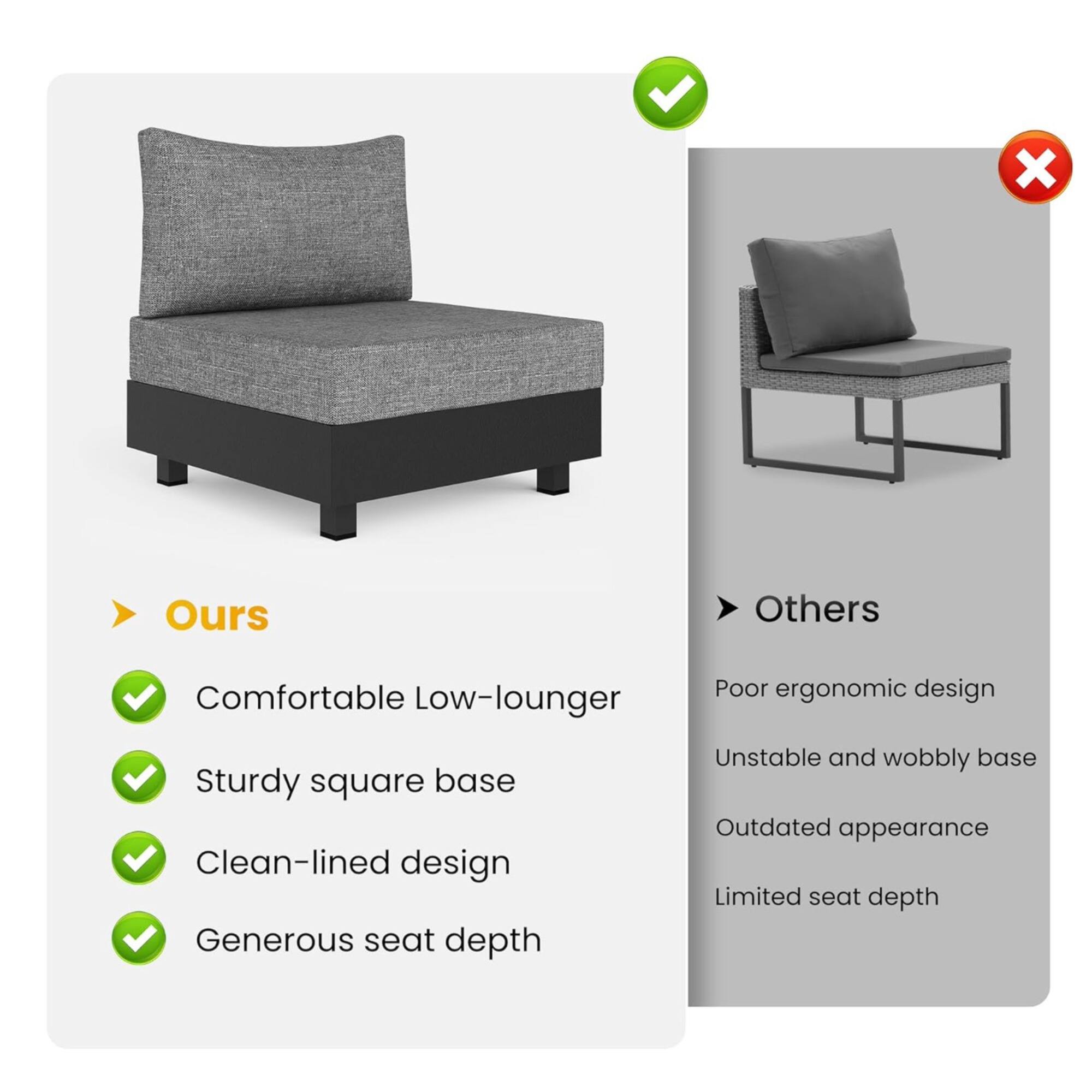 **Ours:**
- Comfortable Low-lounger
- Sturdy square base
- Clean-lined design
- Generous seat depth

**Others:**
- Poor ergonomic design
- Unstable and wobbly base
- Outdated appearance
- Limited seat depth