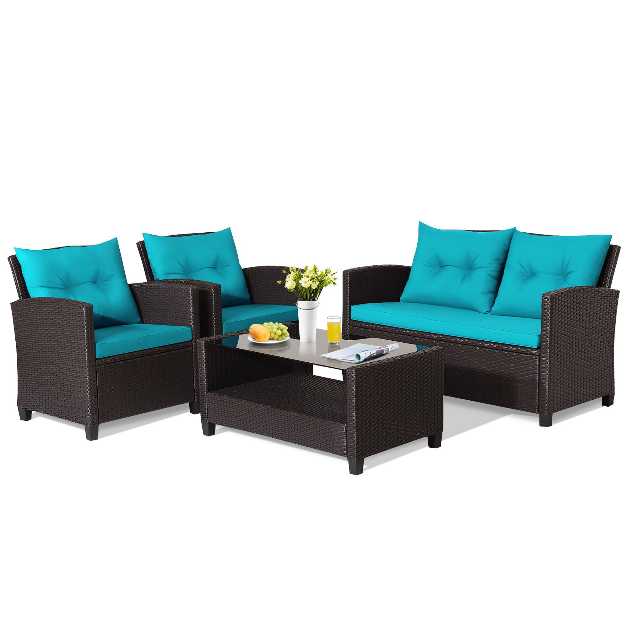 Alt View 8. Gymax - Gymax 4PCS Outdoor Conversation Set Patio PE Rattan Set w/ Glass Table & Sofa Cushions Turquoise - Turquoise.