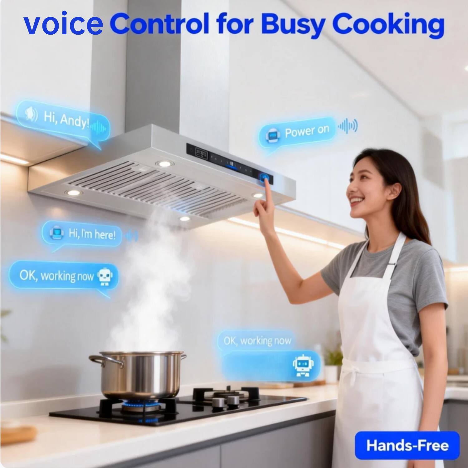 voice Control for Busy Cooking

Hi, Andy!  
Power on  
Hi, I'm here!  
OK, working now  
OK, working now  

Hands-Free