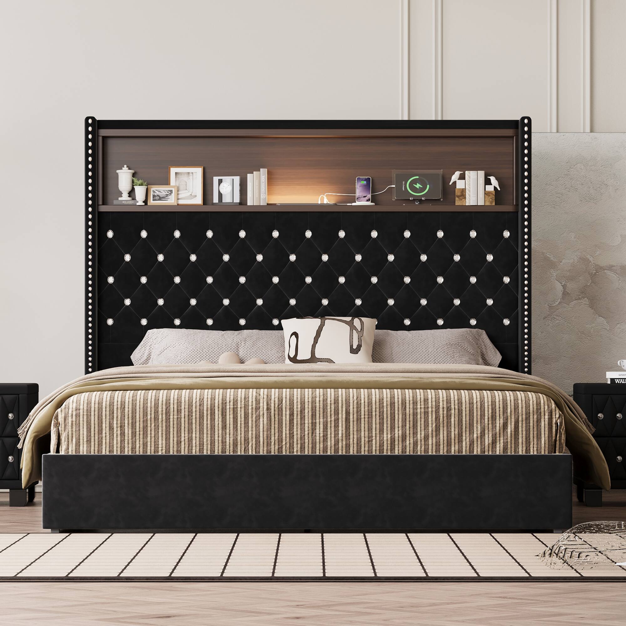 Angle. GOODSILO - Luxurious Queen Size Velvet Tufted Bed Frame with USB Port and Night Light, High Headboard Platform Bed - Black.