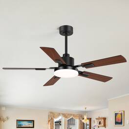 Breezary - 52-in Indoor Ceiling Fan with Light, DC Motor, 6-Speed Remote, 3-Color LED, Reversible Blades, 5"/10" Downrods - Black and Wood Finish