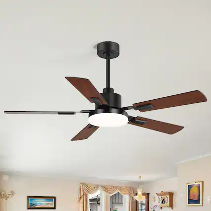 Front. Breezary - 52-in Indoor Ceiling Fan with Light, DC Motor, 6-Speed Remote, 3-Color LED, Reversible Blades, 5"/10" Downrods - Black and Wood Finish.