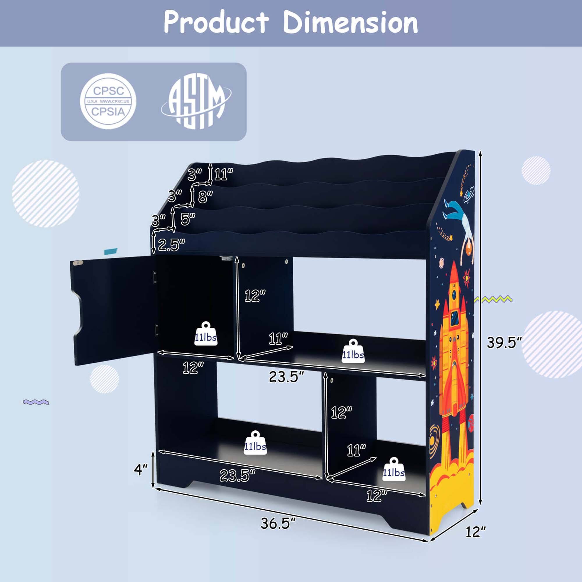 Product Dimension

CPSC USA  
www.cpsc.gov  
CPSIA

ASTM

3" x 11" x 8"  
3" x 5" x 2.5"  
12" x 11" x 11"  
12" x 11" x 23.5"  
4" x 11" x 23.5"  
12" x 11" x 36.5"  
12" x 11" x 39.5"