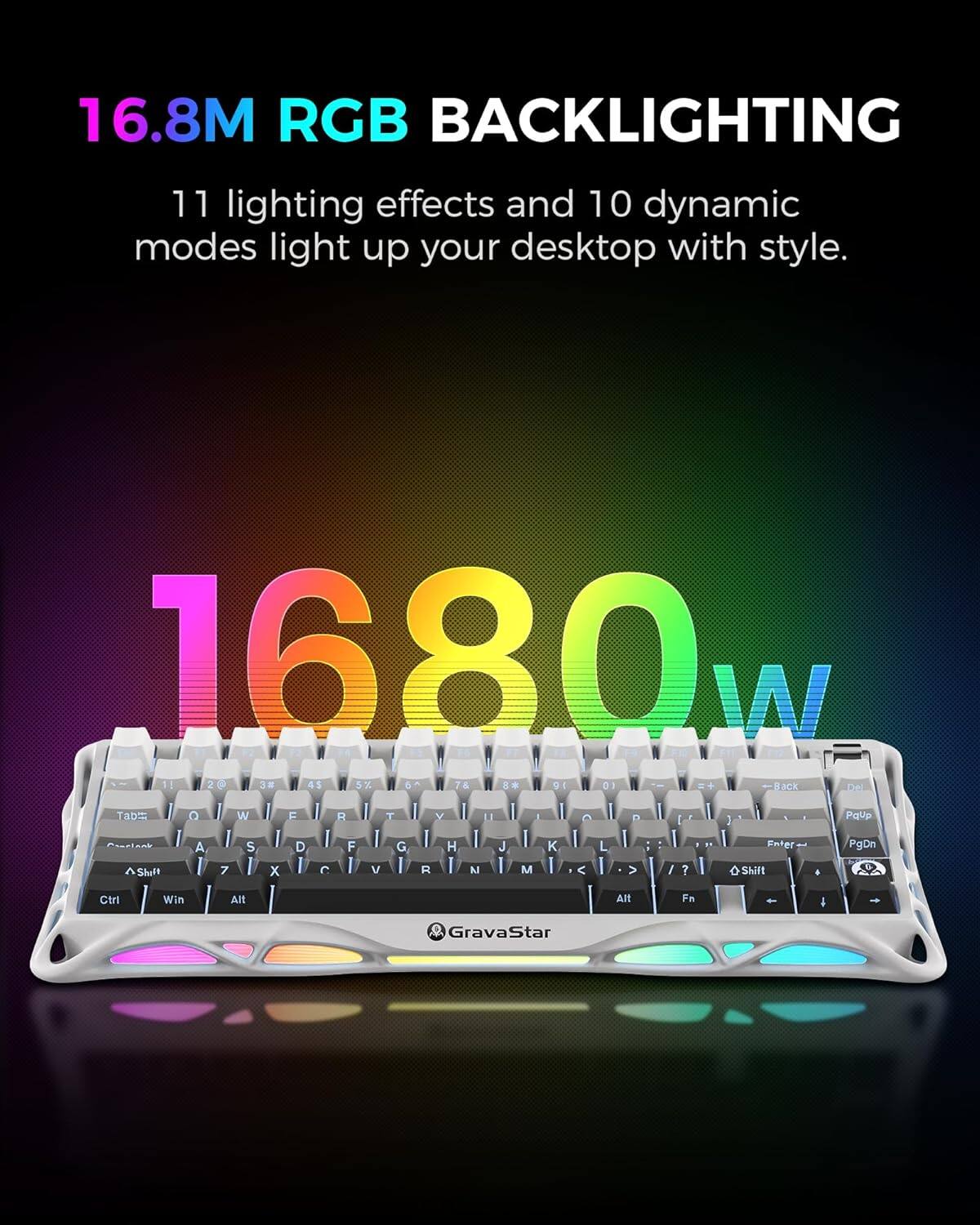 16.8M RGB BACKLIGHTING  
11 lighting effects and 10 dynamic modes light up your desktop with style.  

1680W  

GravaStar
