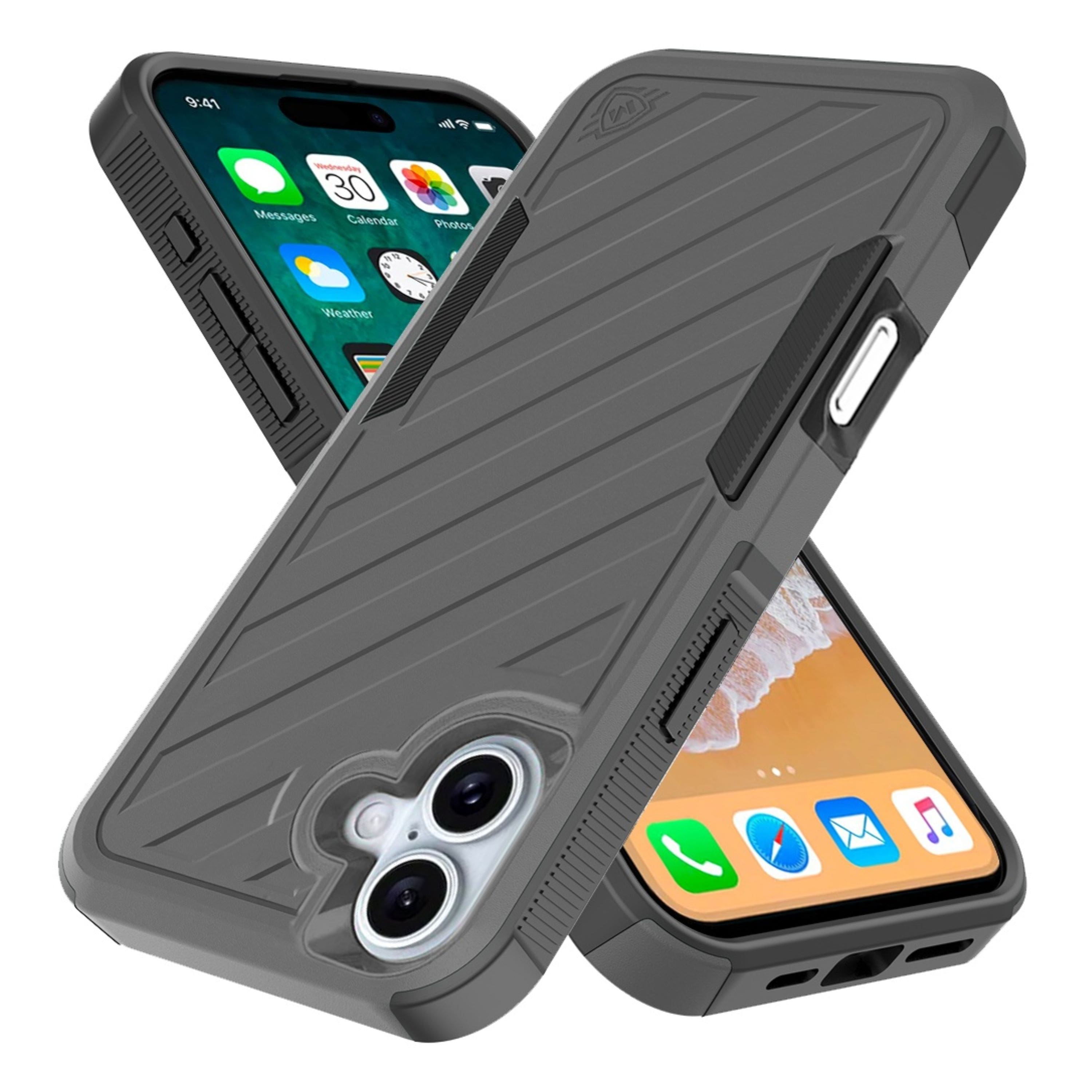 Kitcheniva - Shockproof Dual Layer Lined Phone Case With Tempered Glass For iPhone 16 Plus - Grey/Black