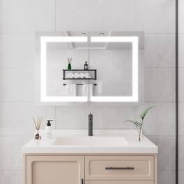 Boyel Living - Bathroom Medicine Cabinet with LED Mirror Lights 36x24 Inch Double Door Wall Mount with Defogger - Silver