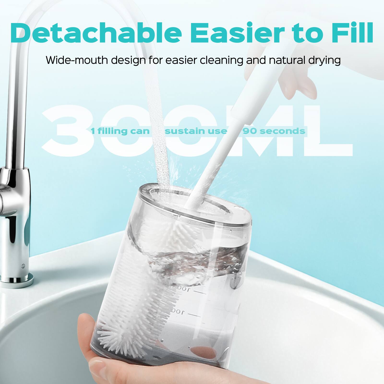 Detachable Easier to Fill  
Wide-mouth design for easier cleaning and natural drying  
300ML  
1 filling can sustain use 90 seconds