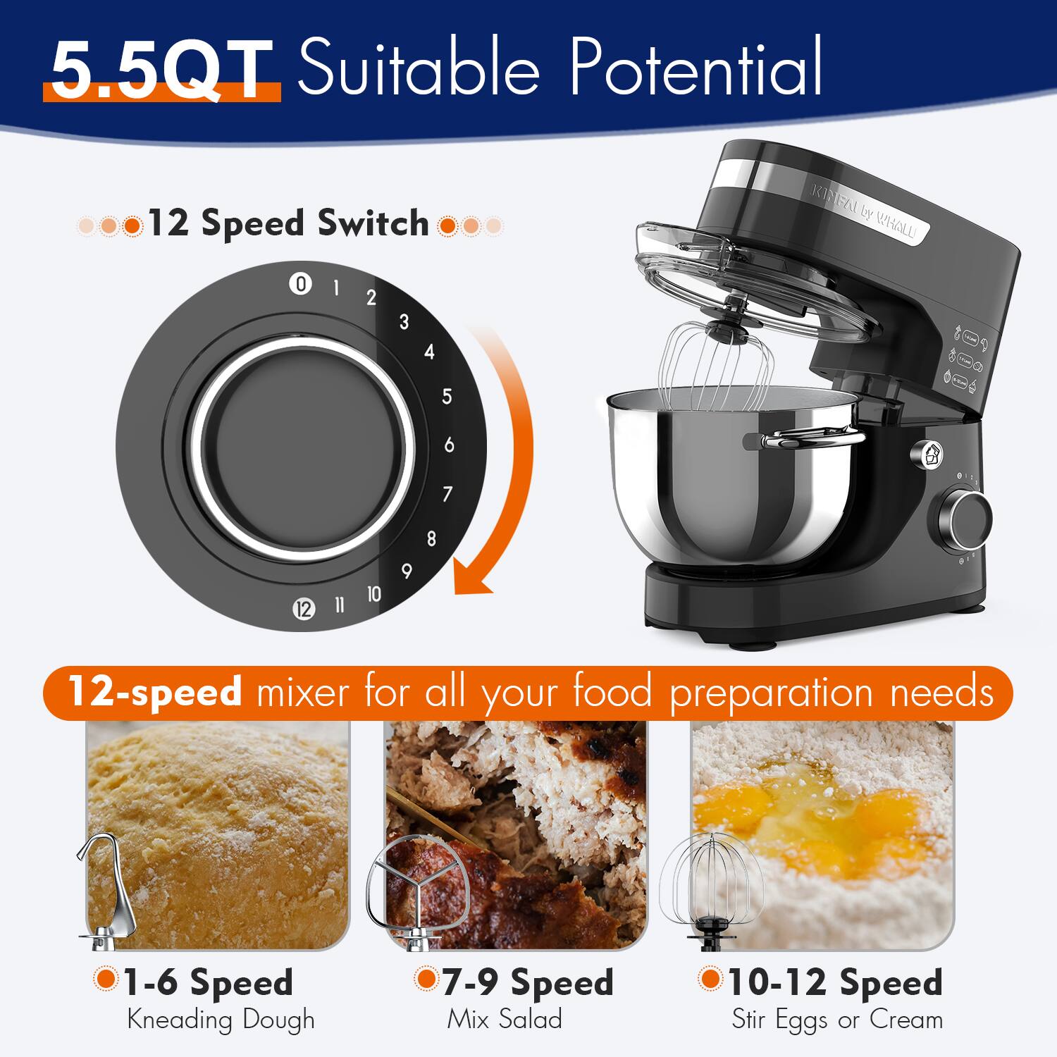 5.5QT Suitable Potential

12 Speed Switch

12-speed mixer for all your food preparation needs

1-6 Speed  
Kneading Dough

7-9 Speed  
Mix Salad

10-12 Speed  
Stir Eggs or Cream