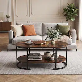 WELLFOR - 39.7" 2-Tier Oval Coffee Table, Industrial Wood Accent Table with Storage Shelf for Living Rooms, Apartments - Rustic Brown