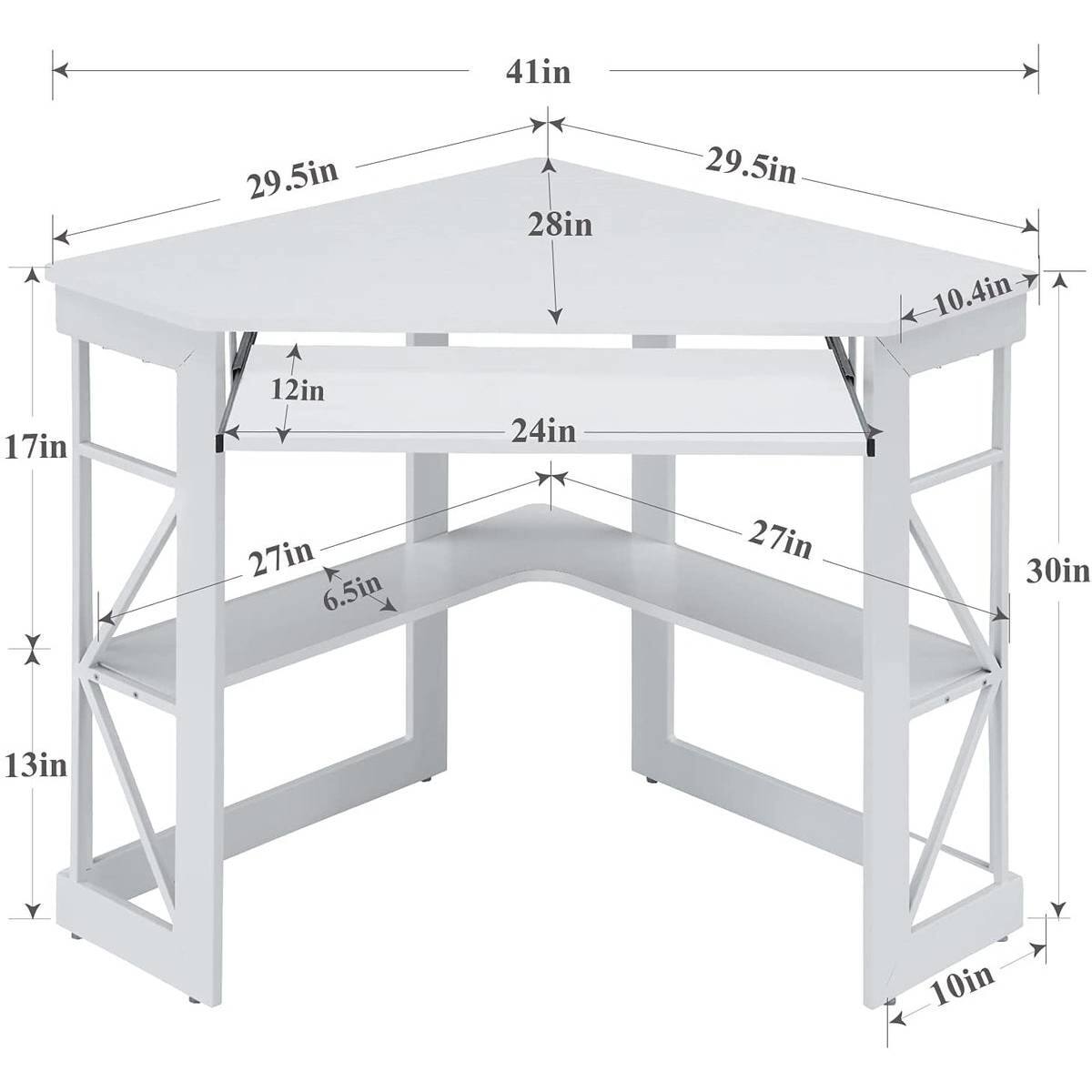 Here is the corrected and grouped text from the image:

- **Top Surface:**
  - Length: 41in
  - Width: 28in
  - Depth: 10.4in

- **Side Dimensions:**
  - Height: 17in
  - Width: 29.5in

- **Shelf:**
  - Length: 24in
  - Width: 27in
  - Depth: 6.5in

- **Leg and Support:**
  - Height: 30in
  - Width: 10in

- **Additional Dimensions:**
  - 12in
  - 13in