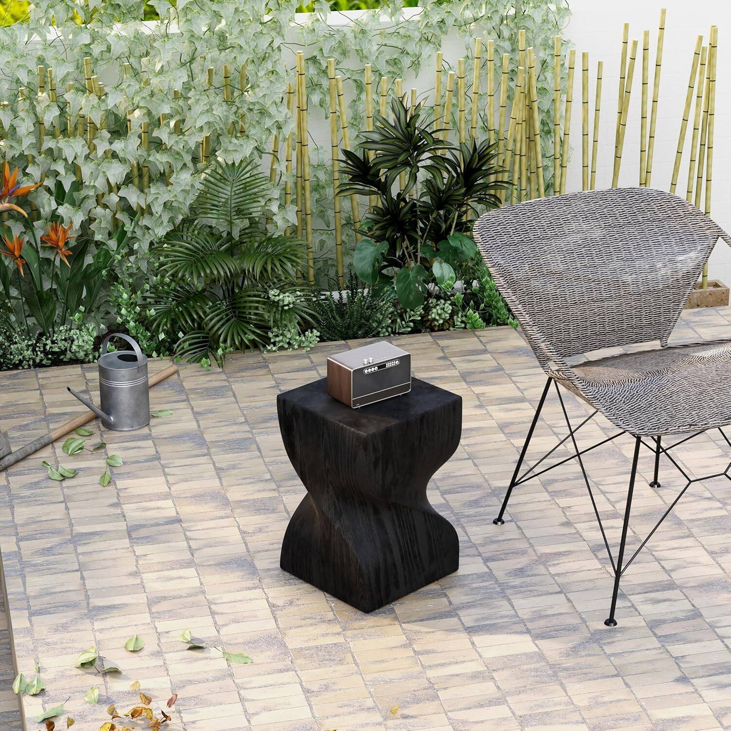 Left. LeisureMod - Onyx Twisted Fiberstone Side Table, Square Modern Accent Table with Bark Texture - Indoor/Outdoor - Black.