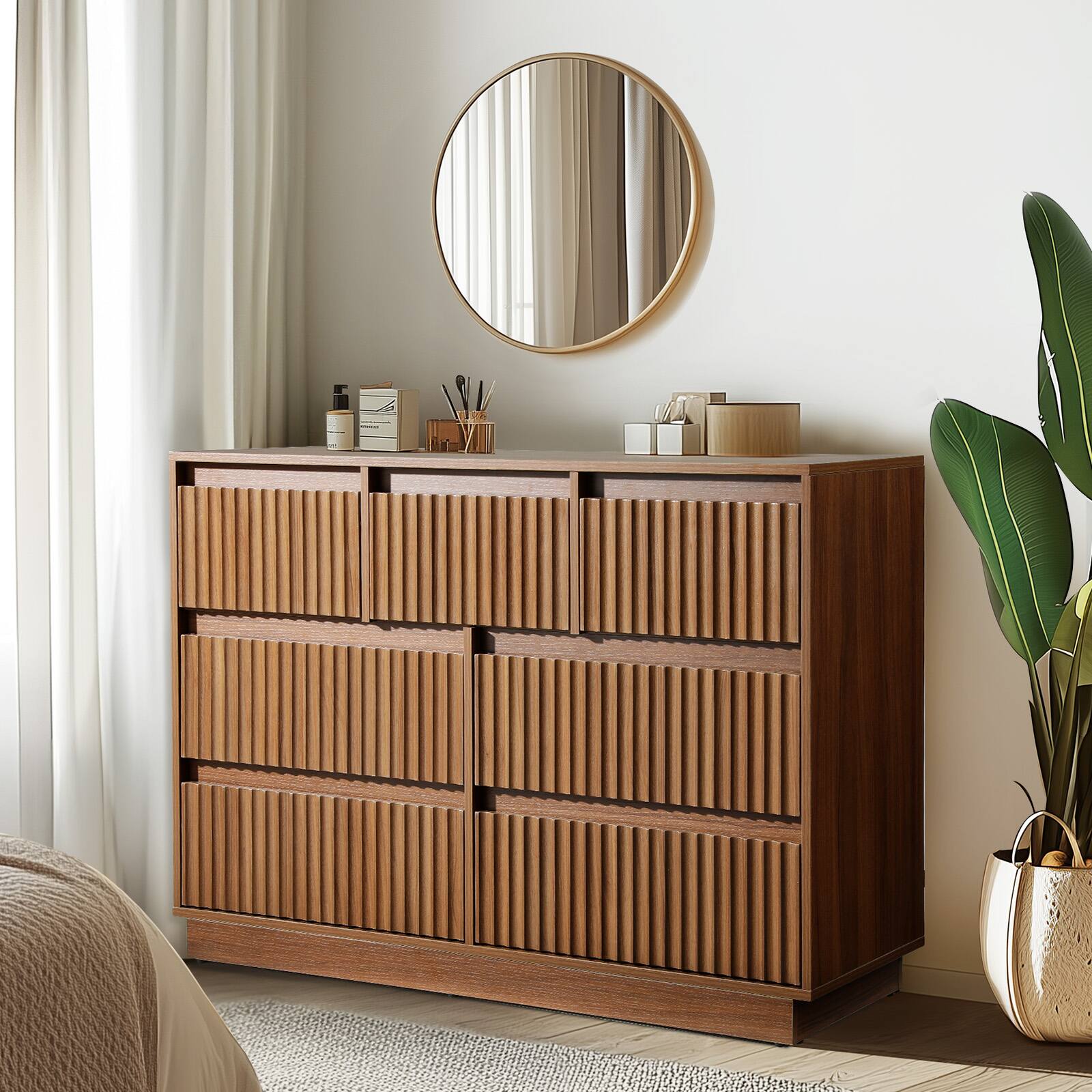 Left. Koligey - 7-Drawer Dresser 47"W Double Dresser With Waveform Fluted Panel - brown.