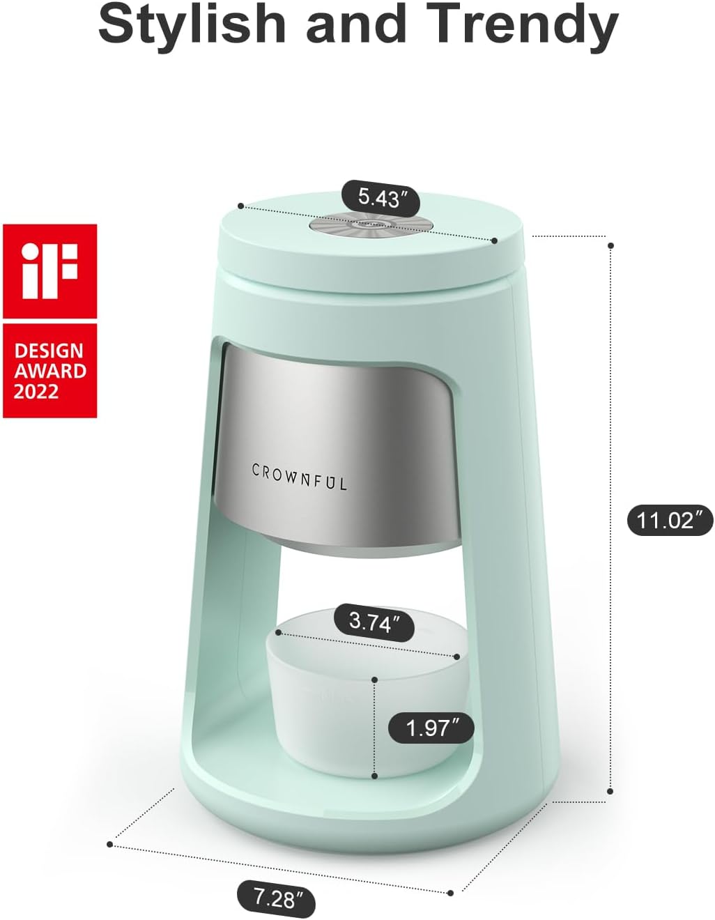 Stylish and Trendy

5.43" DESIGN AWARD 2022 CROWNFUL 11.02" 3.74" 1.97" 7.28"
