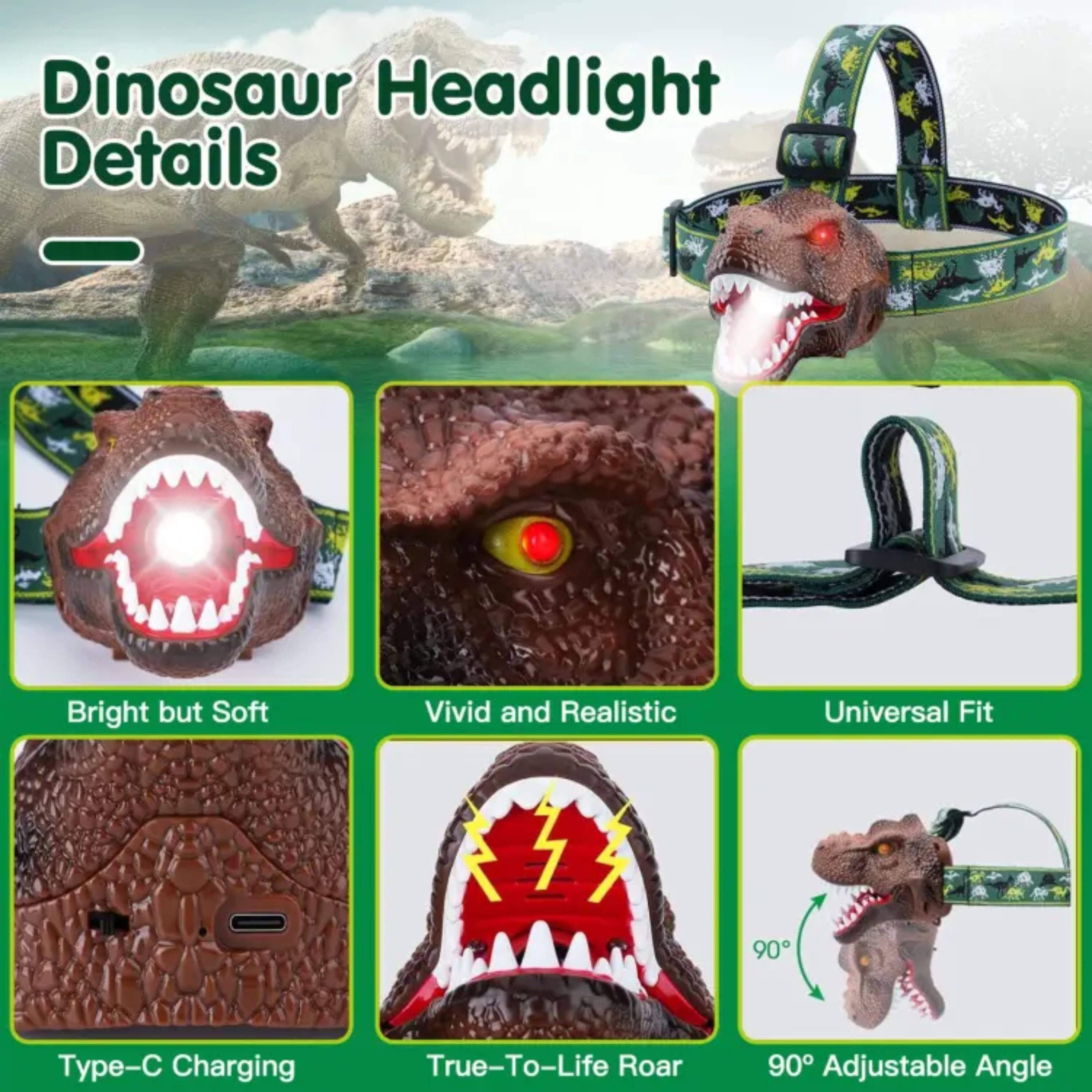 Dinosaur Headlight Details

- Bright but Soft
- Vivid and Realistic
- Universal Fit
- Type-C Charging
- True-To-Life Roar
- 90° Adjustable Angle