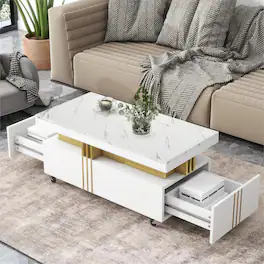 Tiramisubest - Contemporary Coffee Table with Faux Marble Top,Caster Wheels,Moderate Luxury Center Table with Gold Metal Bars - White