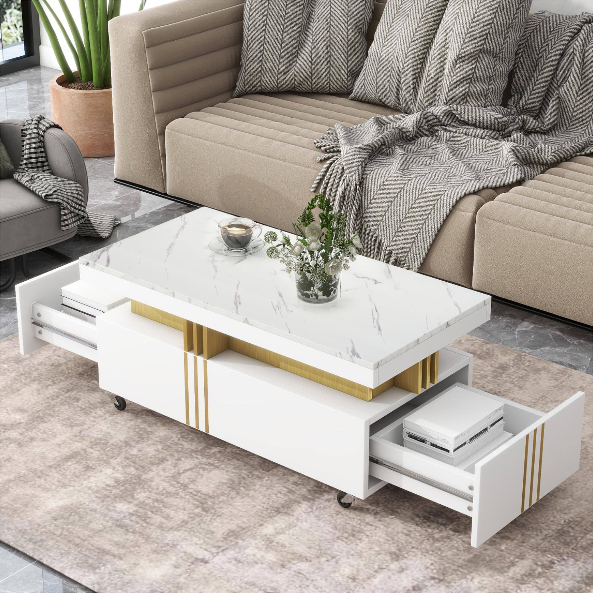 Front. Tiramisubest - Contemporary Coffee Table with Faux Marble Top,Caster Wheels,Moderate Luxury Center Table with Gold Metal Bars,White - White.