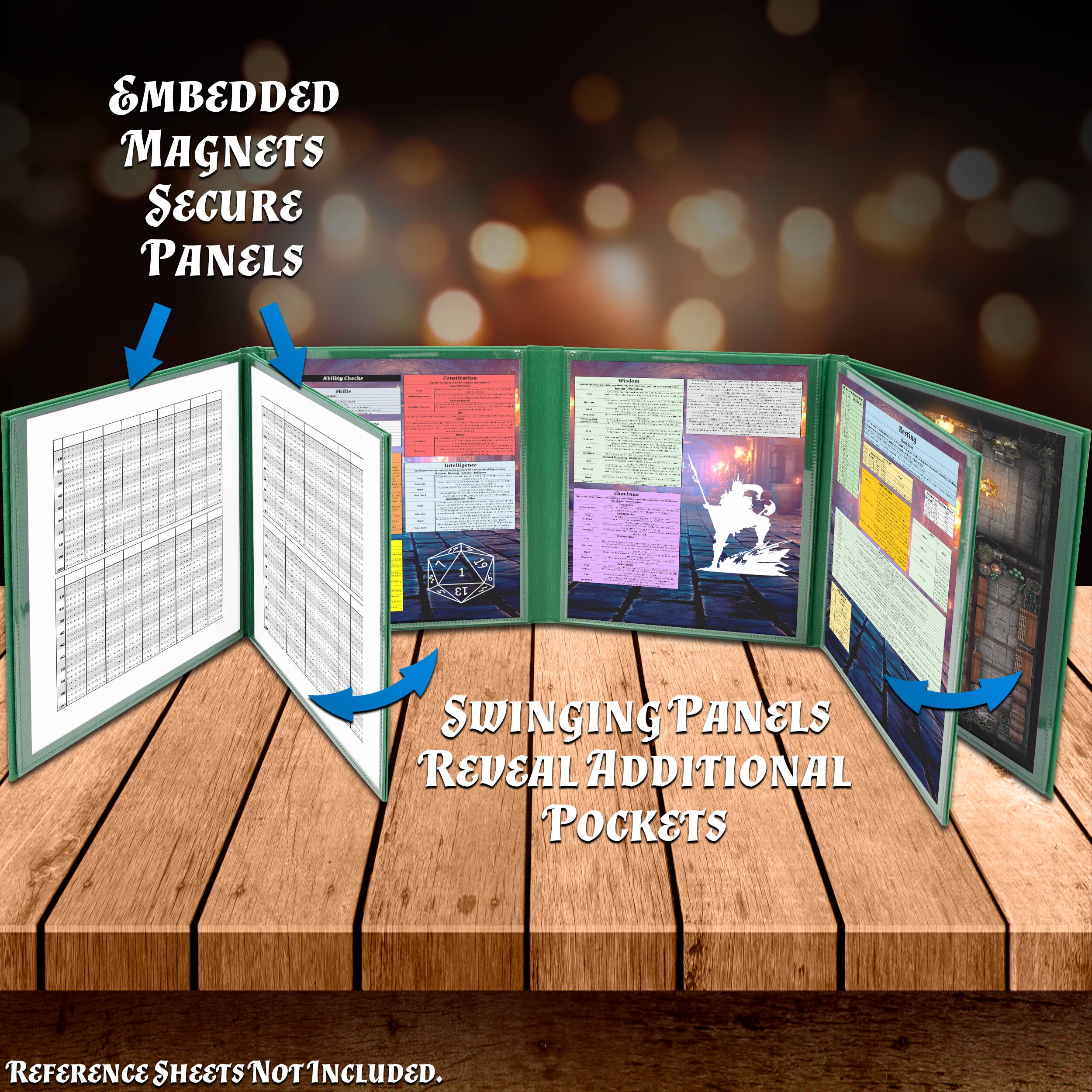 EMBEDDED MAGNETS SECURE PANELS

SWINGING PANELS REVEAL ADDITIONAL POCKETS

REFERENCE SHEETS NOT INCLUDED