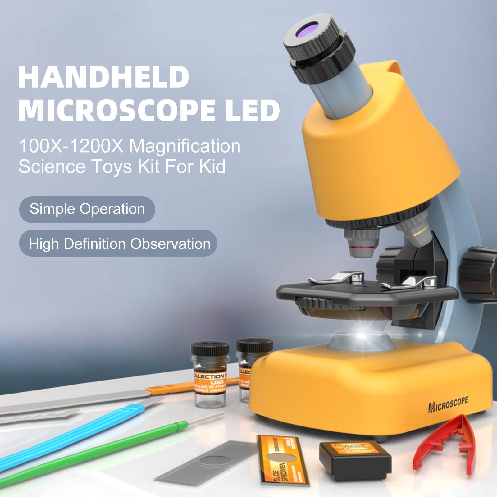 HANDHELD MICROSCOPE LED  
100X-1200X Magnification Science Toys Kit For Kid  
Simple Operation  
High Definition Observation