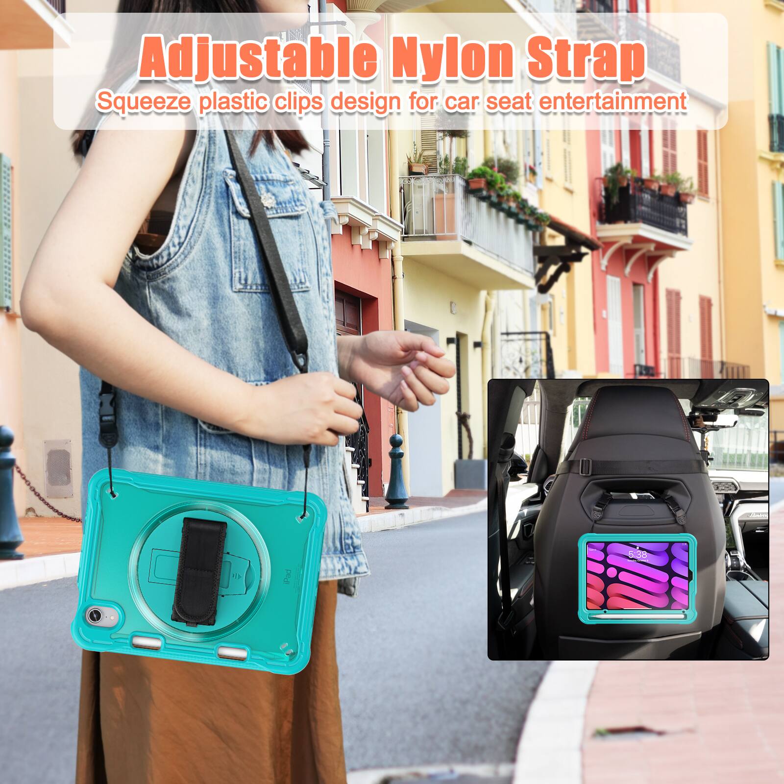 Adjustable Nylon Strap  
Squeeze plastic clips design for car seat entertainment
