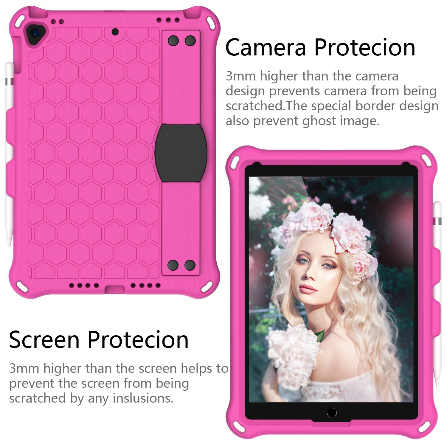 Camera Protection  
3mm higher than the camera design prevents the camera from being scratched. The special border design also prevents ghost images.

Screen Protection  
3mm higher than the screen helps to prevent the screen from being scratched by any inclusions.