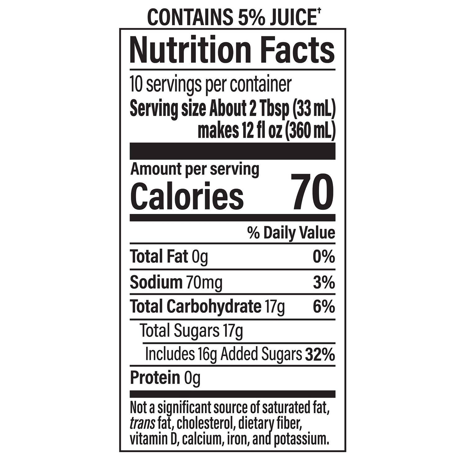 Nutrition Facts:

* 10 servings per container
* Serving size: About 2 Tbsp (33 mL) makes 12 fl OZ (360 mL)
* Calories: 70
* Total Fat: 0g (0% Daily Value)
* Sodium: 70mg (3% Daily Value)
* Total Carbohydrate: 17g (6% Daily Value)
* Total Sugars: 17g
* Includes 16g Added Sugars (32% Daily Value)
* Protein: 0g (Not a significant source)
* Not a significant source of saturated fat, trans fat, cholesterol, dietary fiber, vitamin D, calcium, iron, and potassium.