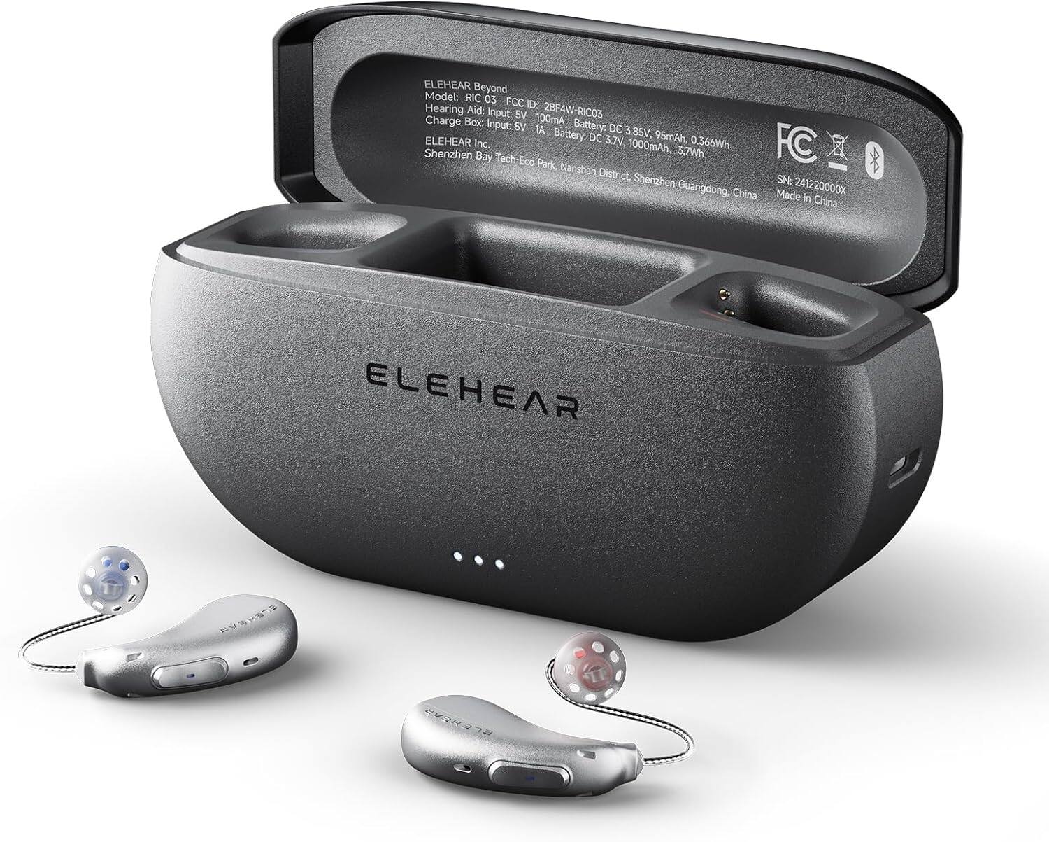 ELEHEAR Beyond Model: RIC 03 FCC D. Hearing Aid Input: 5V 2BF4W-RIC03 Charge Box Input: 100mA Battery: DC 3.85V, 95mAh, 0.366Wh ELEHEAR Inc. 3.7V. 1000mAh. 3.7Wh FC Shenzhen Bay Tech-E Eco Park Nanshan District. Shenzhen Guangdong, China Made 241220000X in China ELEHEAR RH